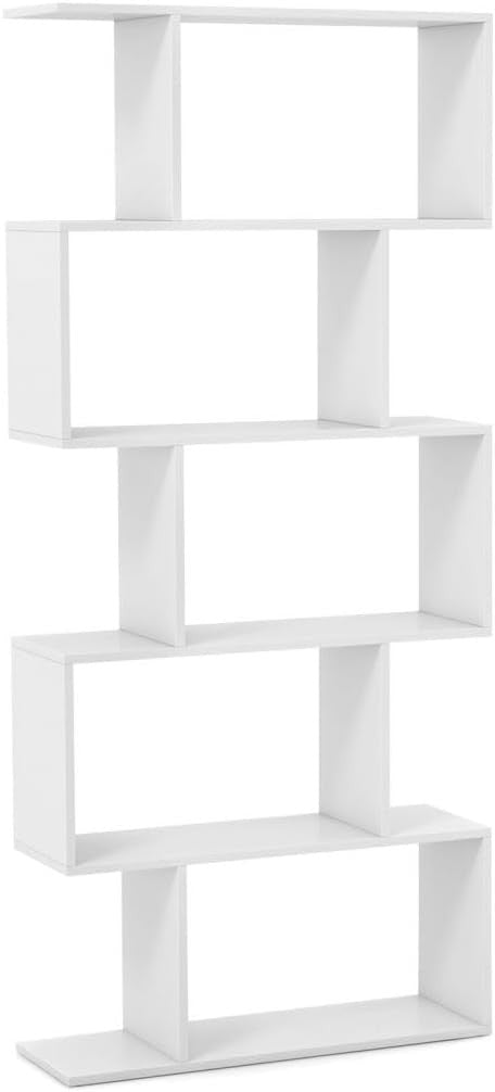 Modern S-Shape 5 Tier Bookshelf White | Freestanding Display Shelving Unit 70×15