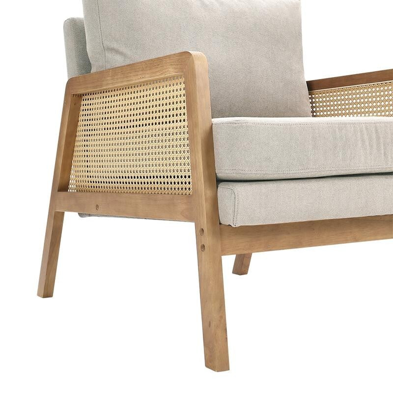 Beige Rattan Armchair with Cushions – Wooden Lounge Chair for Living Room