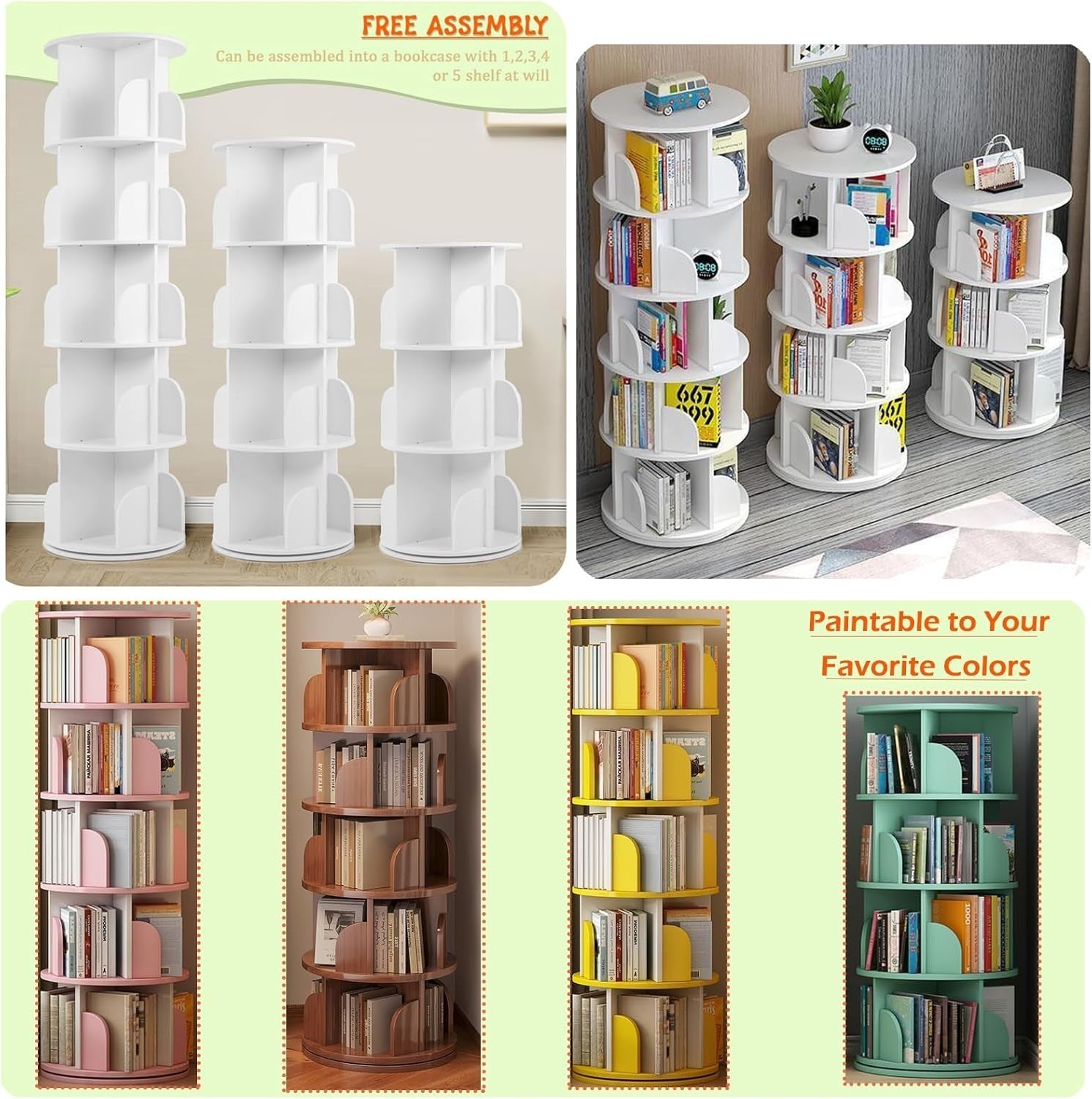360° Rotating 5-Tier White Bookshelf – Space Saving Swivel Bookcase