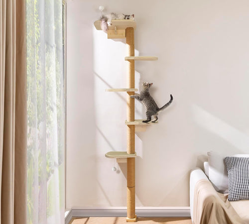 Floor to Ceiling Cat Tree 210cm 5 Tier Climbing Scratching Post Wall Mounted