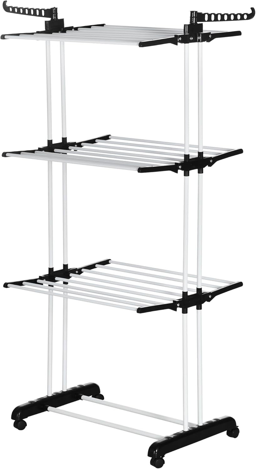 4 Tier Clothes Airer Folding Laundry Drying Rack With Wings Wheels Steel