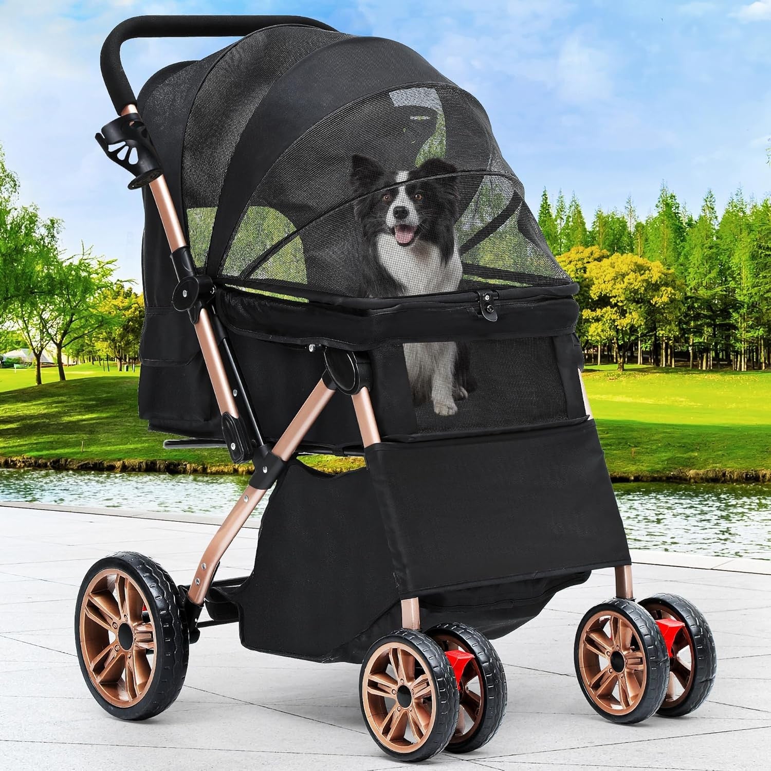 Dog Stroller with Reversible Handle Foldable Pet Pushchair 4 Wheel