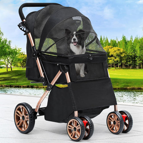 Dog Stroller with Reversible Handle Foldable Pet Pushchair 4 Wheel