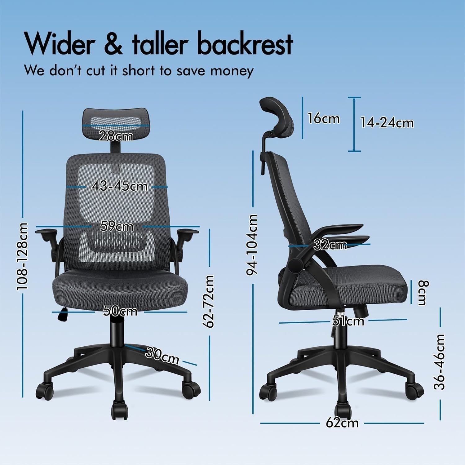 Ergonomic Office Chair Mesh Back Grey Adjustable Flip Arms Lumbar Support 180KG