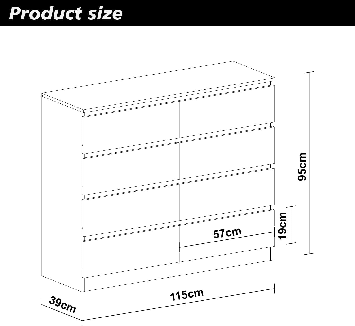Modern White 8 Drawer Chest Wide Storage Unit No Handles 115x95x39cm