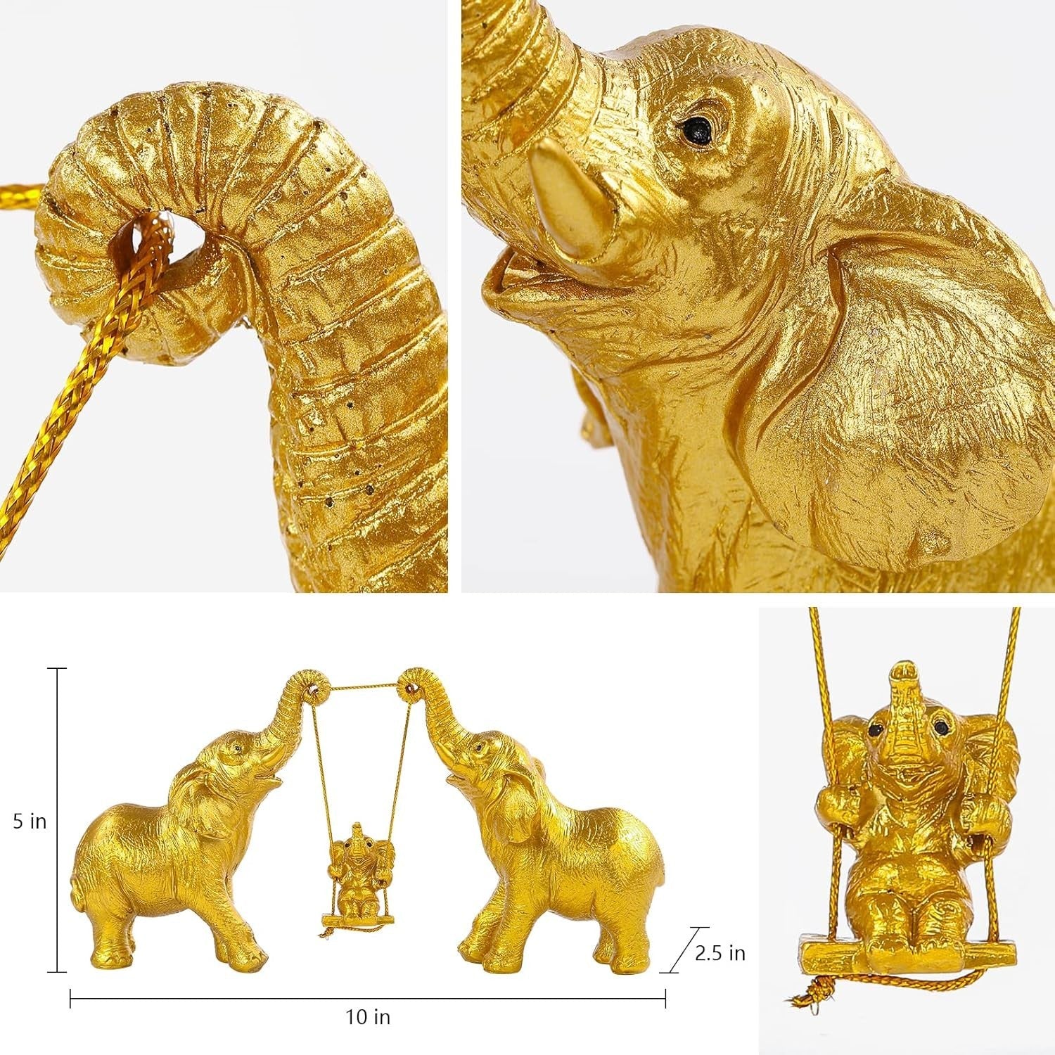 Gold Elephant Figurine Set Good Luck Resin Home Decor Centerpiece Gift