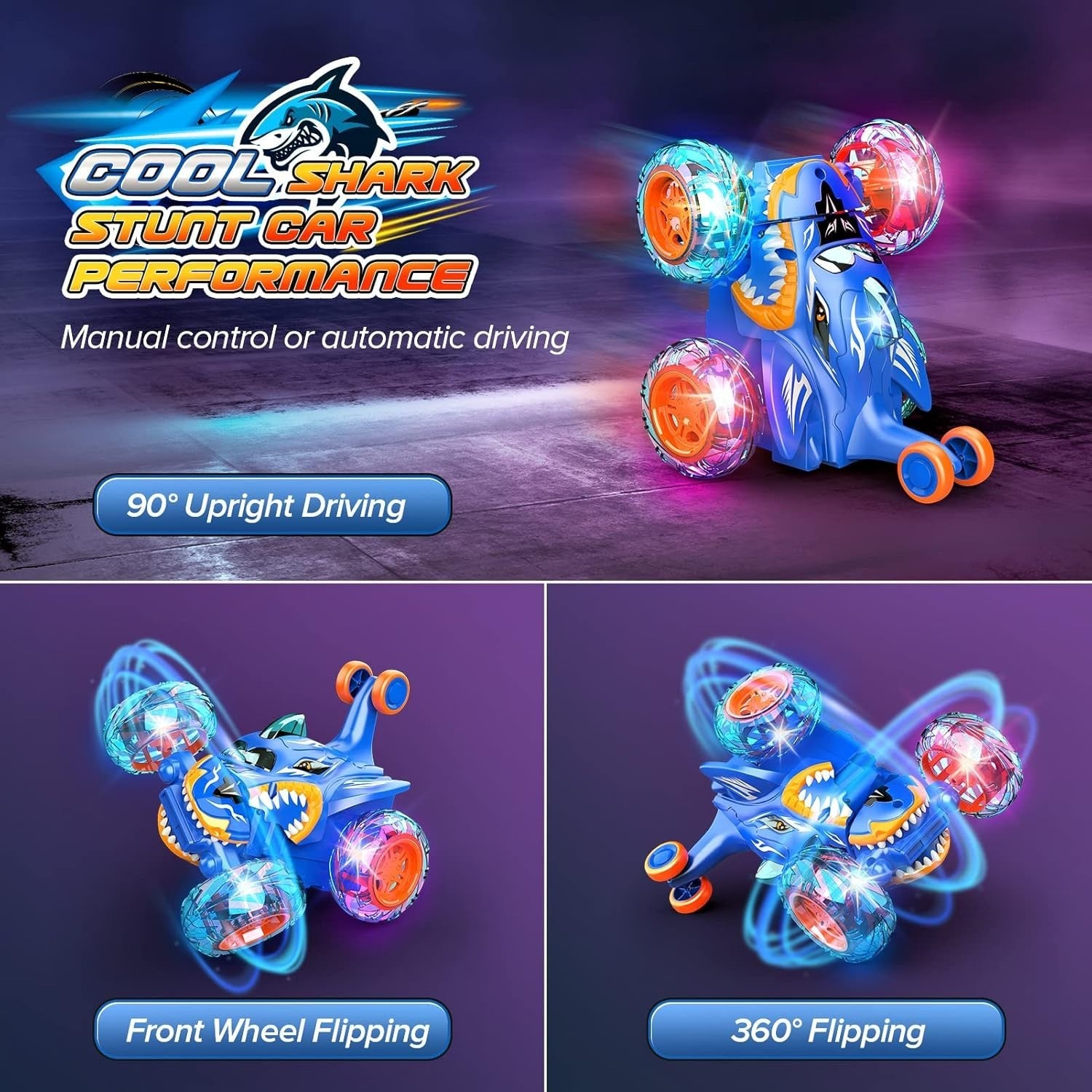 RC Shark Car for Kids 3-8, 360° Flip LED Light Remote Control Stunt Toy Gift