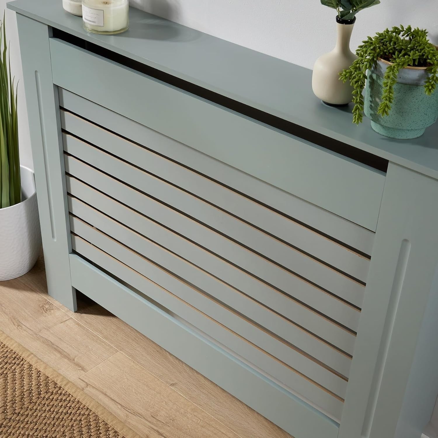 Grey Radiator Cover Wooden Slatted Grill Cabinet Shelf 112x19x82cm Medium