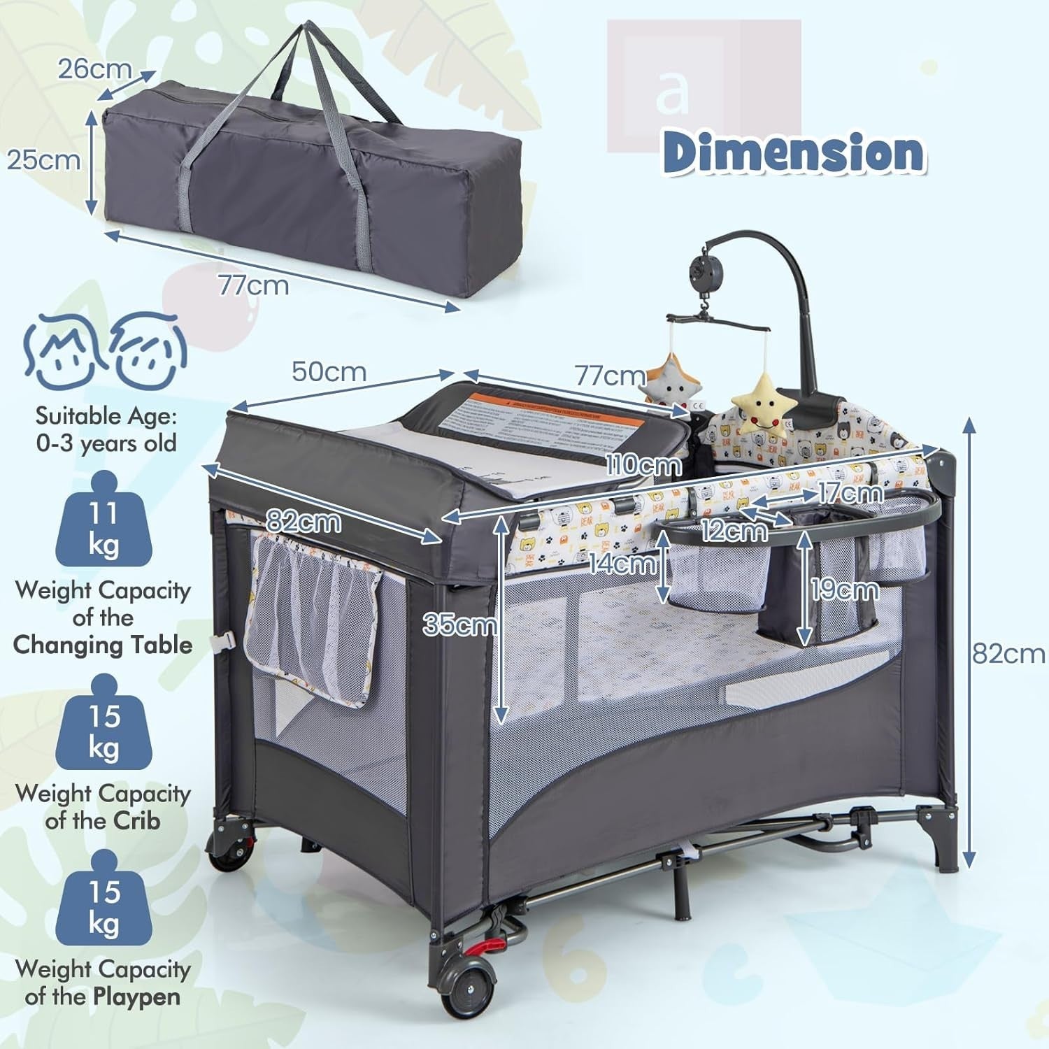 6in1 Baby Travel Cot Foldable Crib with Mattress, Changer & Storage Bear