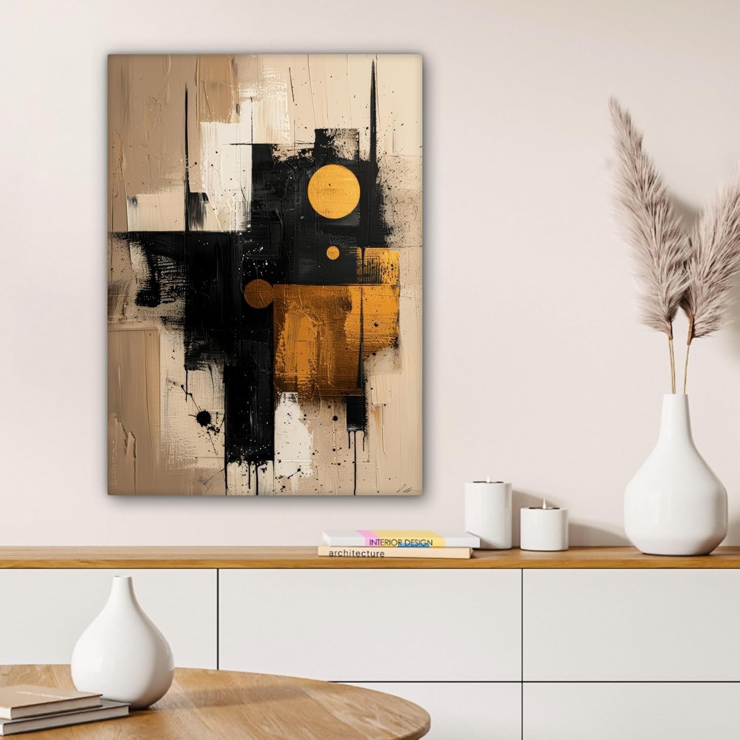 Large Framed Canvas Wall Art 50x70cm Abstract Gold Black Print