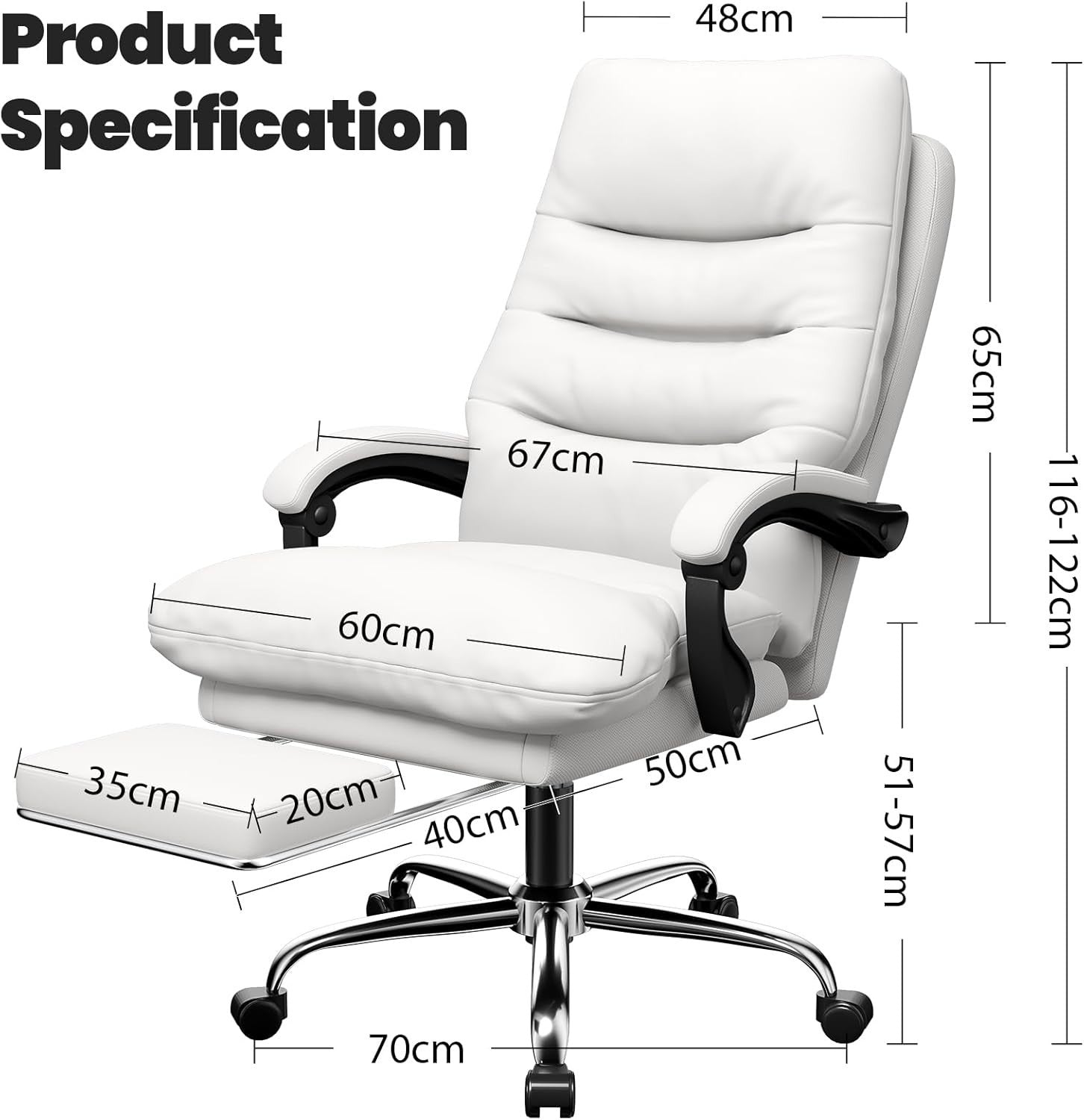 Big & Tall Ergonomic Office Chair Executive Desk Seat Adjustable Foot Rest White