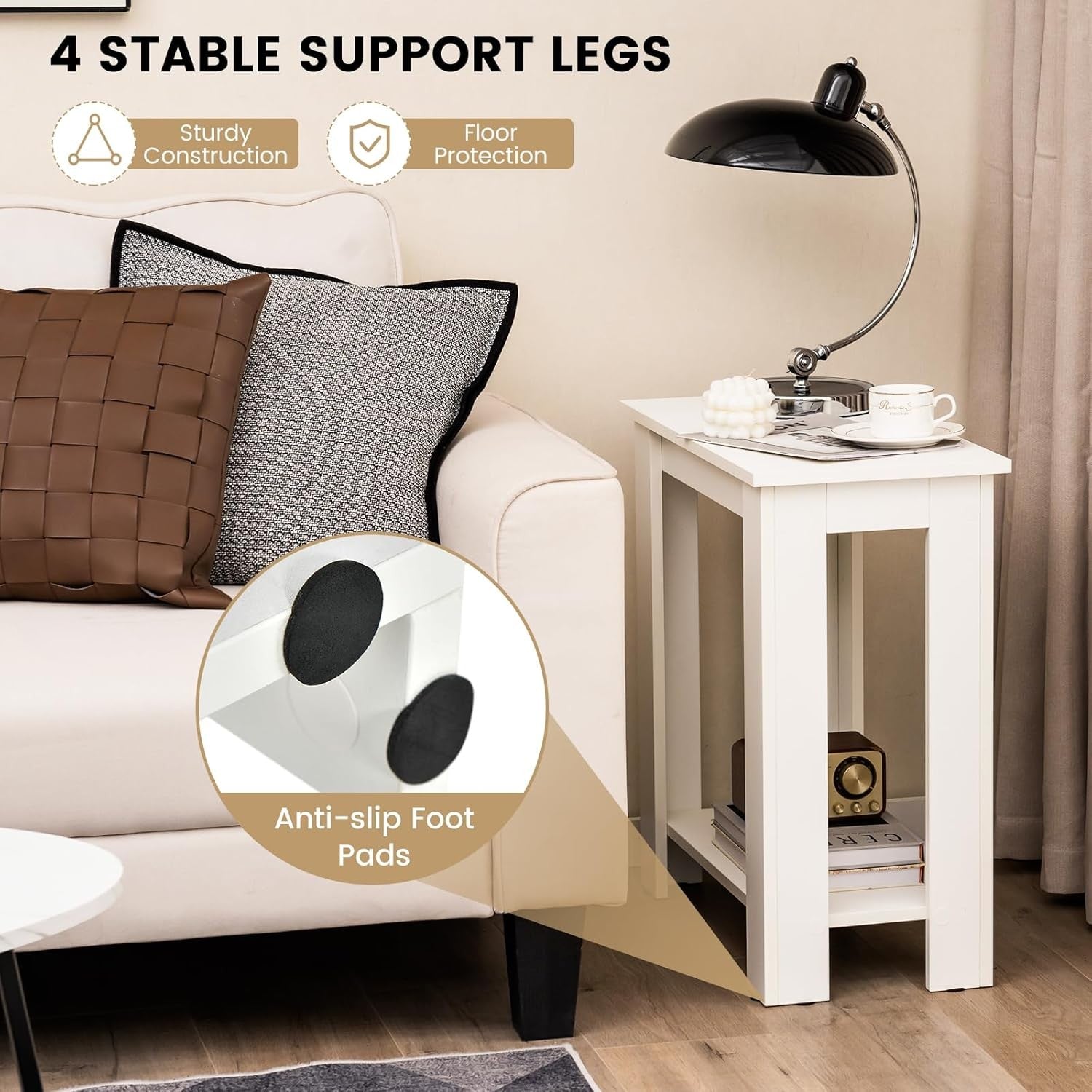 Slim White 2-Tier Bedside Table with Storage Shelf – Modern Compact Side Table