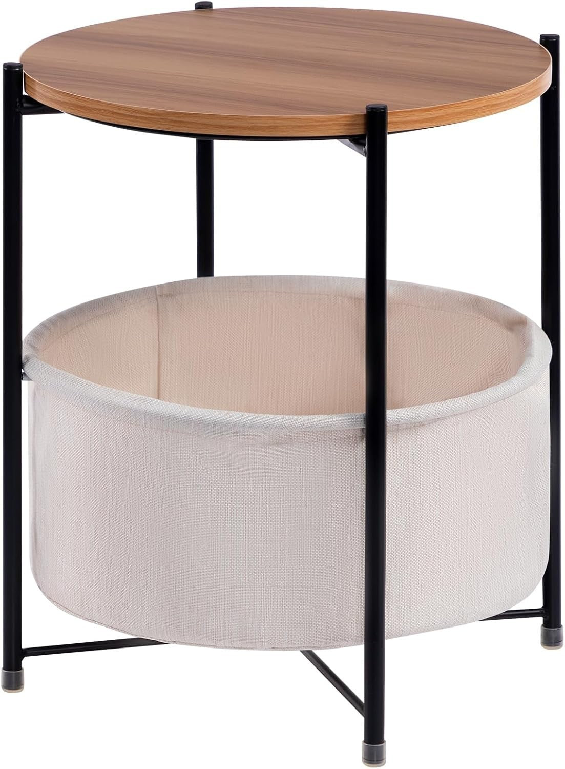 Round Side Table with Fabric Basket Storage Small Coffee Sofa Table