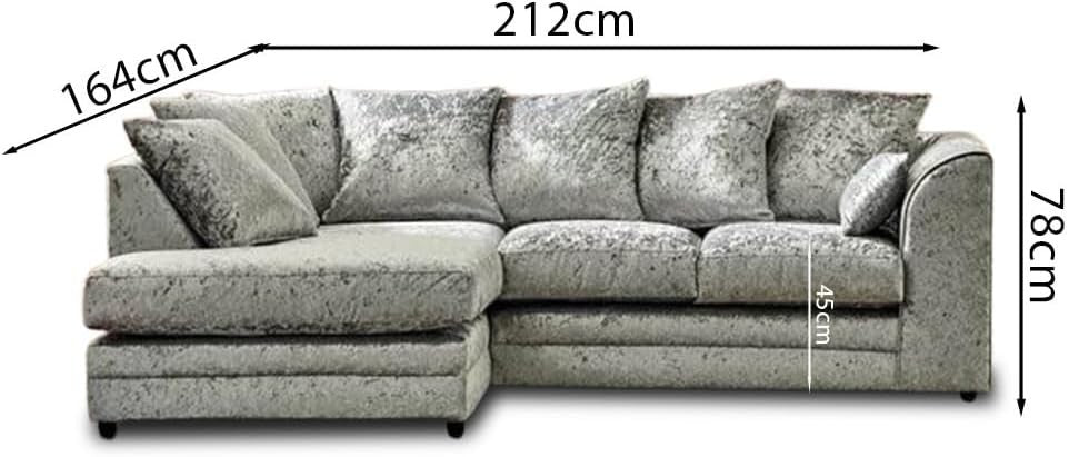 Silver Crush Velvet L-Shaped Sofa Settee – Foam Filled, Fire Resistant Couch