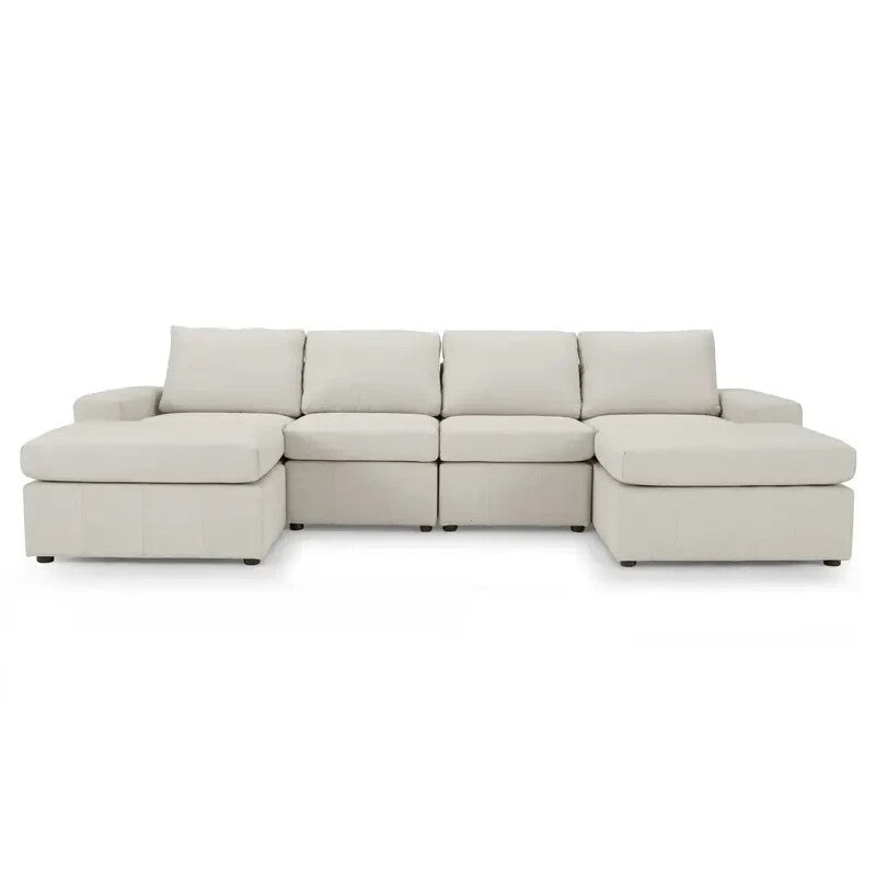 4 Seater Modular Sofa Light Grey Linen with Footstools – Family Couch Set