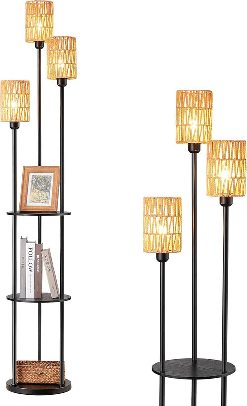 Boho Floor Lamp with Shelves 3 Light Rattan Standing Lamp 70 Inch