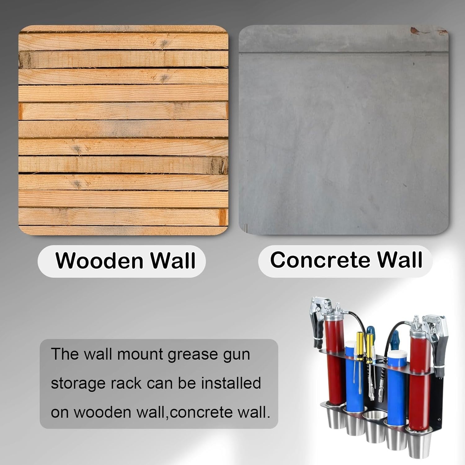 Wall-Mount Grease Gun Holder Rack Black 2 Guns 5 Drip Cups