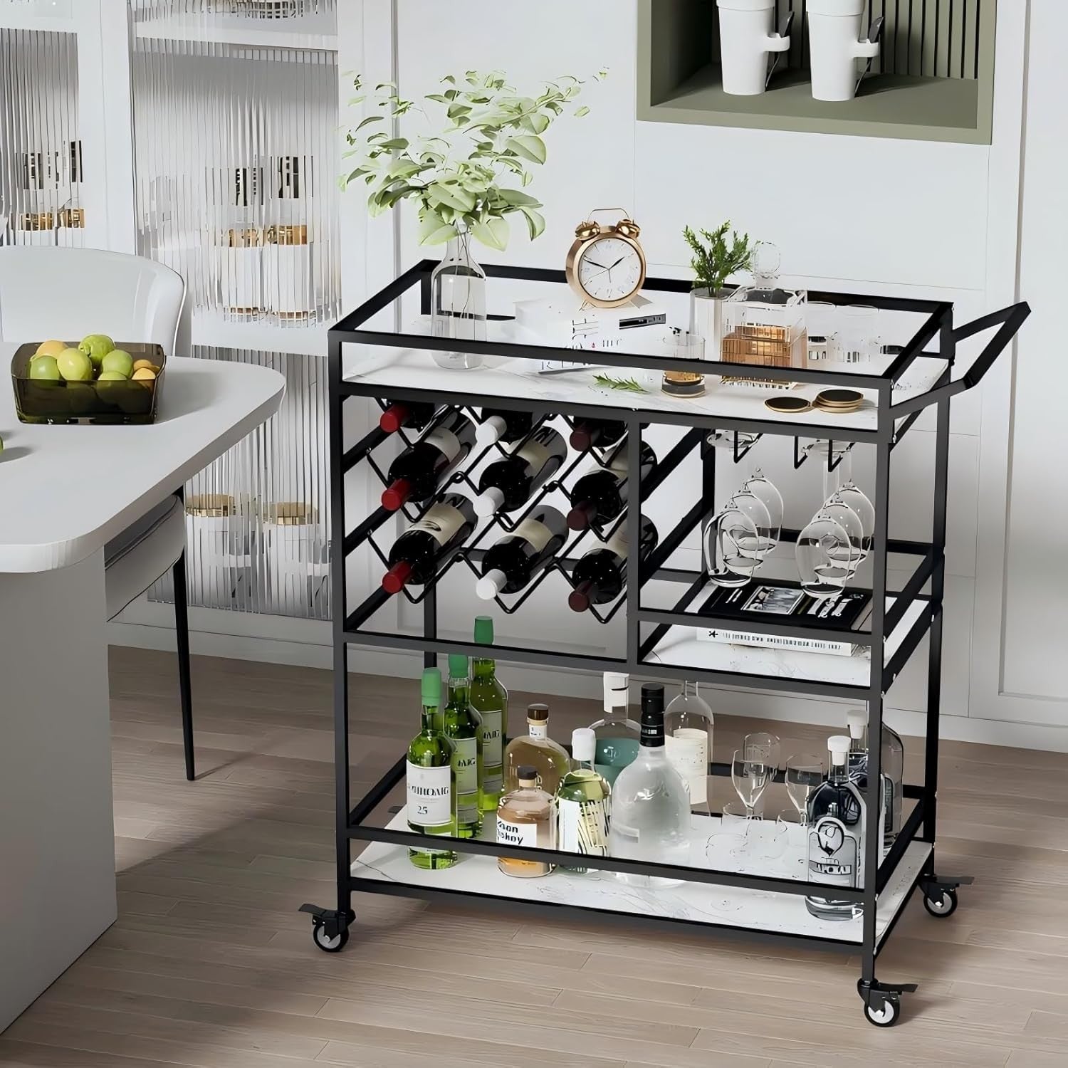 Bar Cart on Wheels with Wine Rack Glass Holder 3 Tier Drinks Trolley