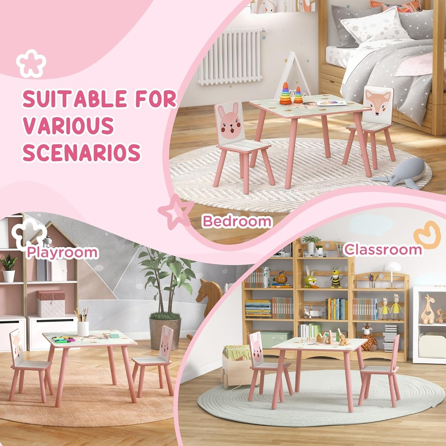 Kids Table & Chairs Set with Easel, Chalkboard & Paper Roll, Pink