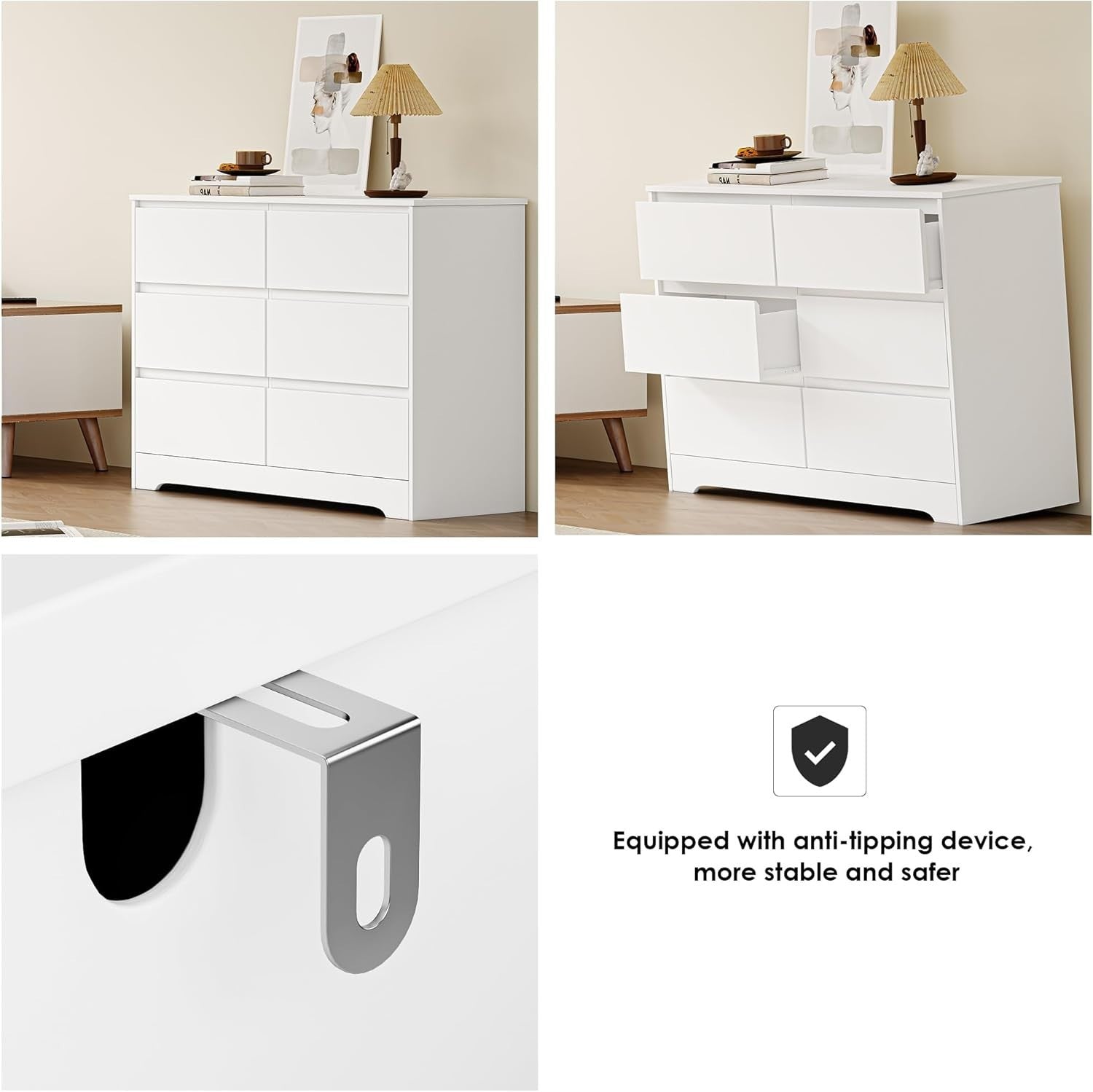 White 6 Drawer Chest Modern Wide Dresser Storage Unit Bedroom Cabinet