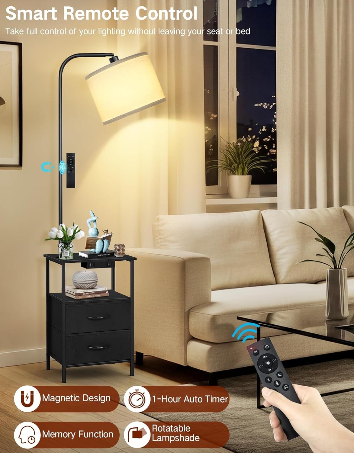 Floor Lamp with Table & Drawers, Dimmable LED, Remote, USB Charging