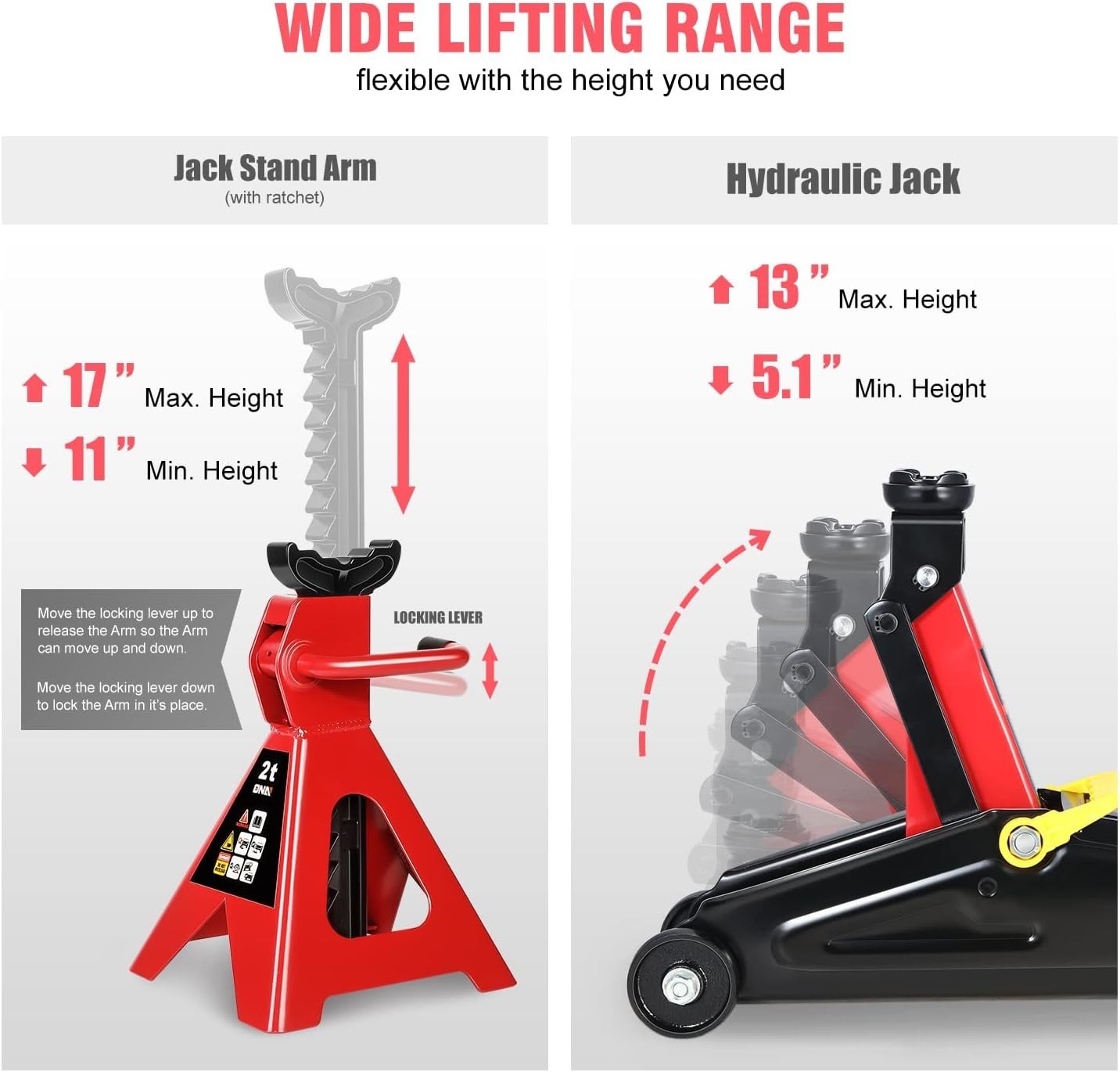 2 Ton Low Profile Trolley Jack 5.1–13" + Pair of Ratchet Axle Stands Set Red