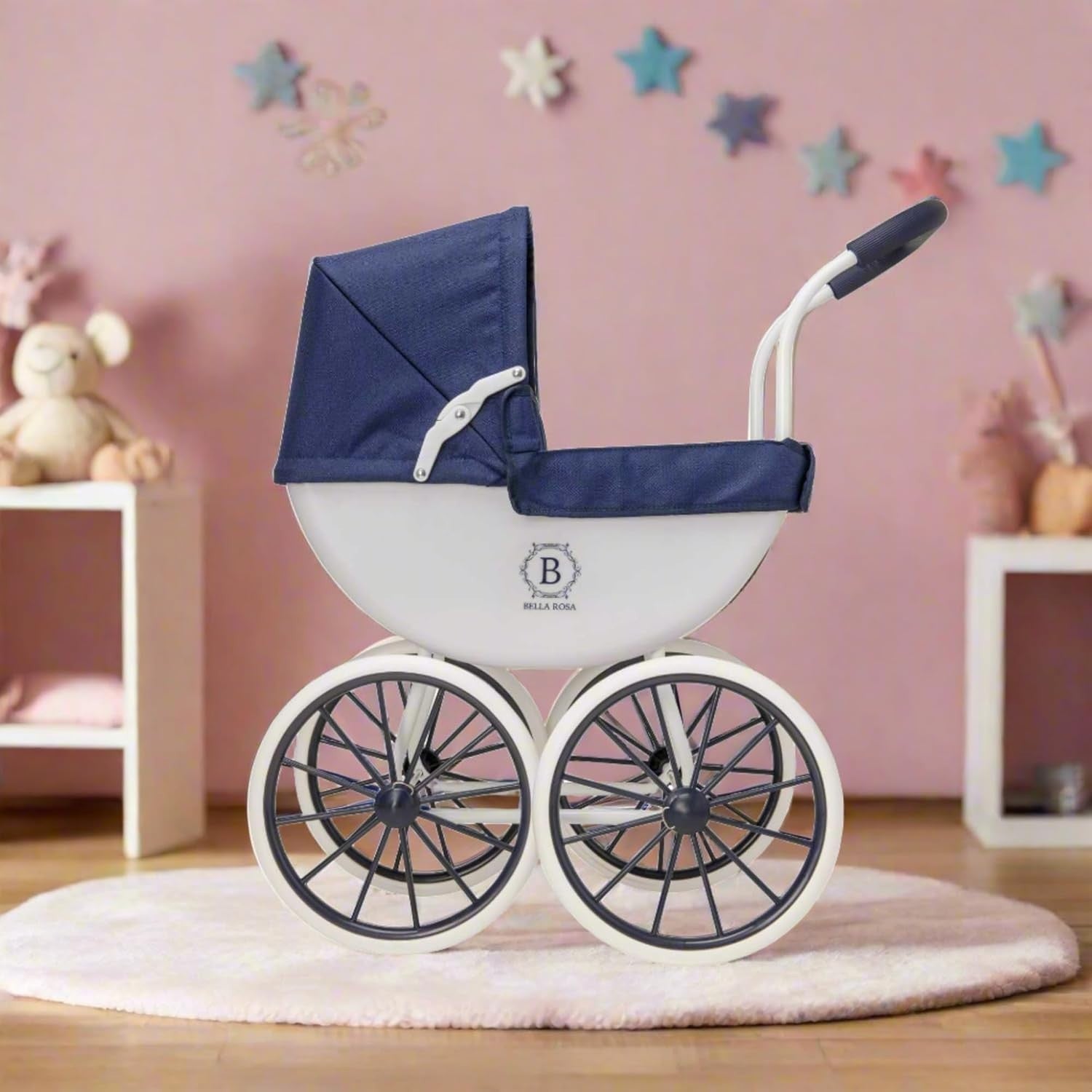 Traditional Dolls Pram Carriage Pushchair Vintage Style White Wheels
