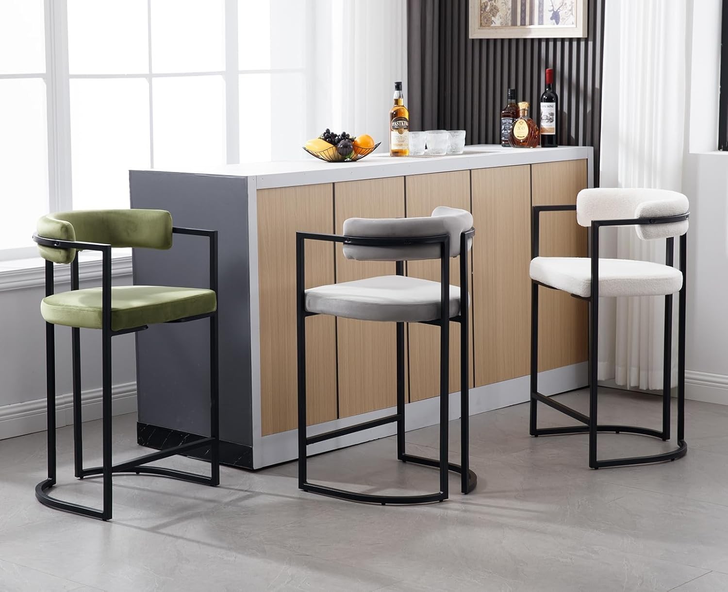 Green Velvet Bar Stools Set of 2 Metal Frame Counter Height Kitchen