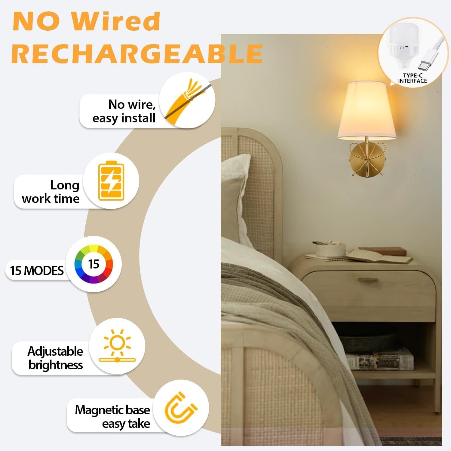 Wireless Gold Wall Lights Set of 2, Rechargeable, 15 Colour Modes + Remote
