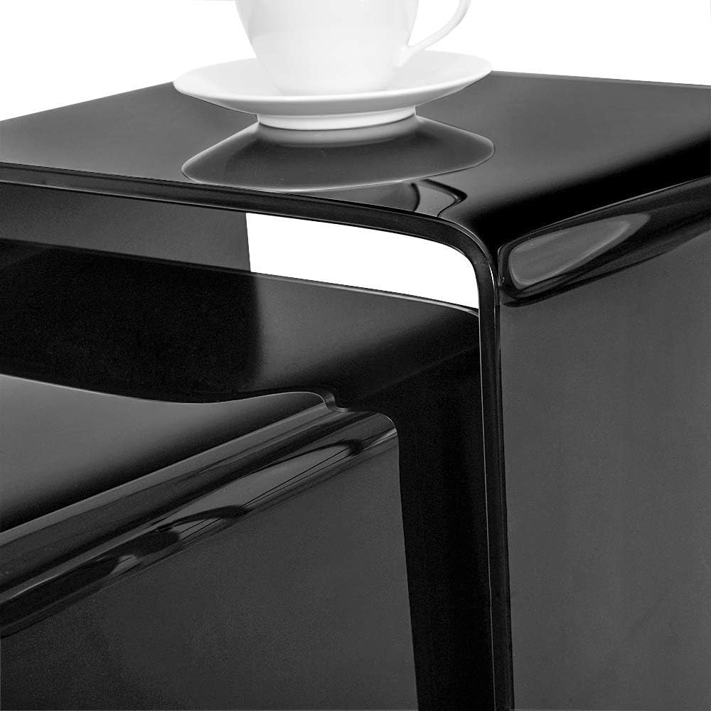 Black Glass Nesting Coffee Table Set Modern Space Saving Rectangular End Side