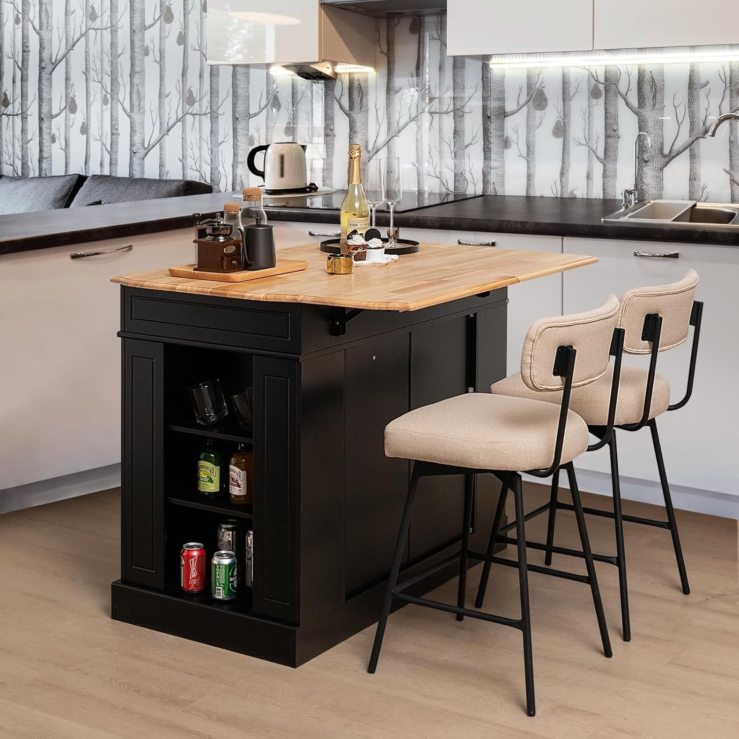 Extendable Kitchen Island with Storage Drawers & Adjustable Shelves