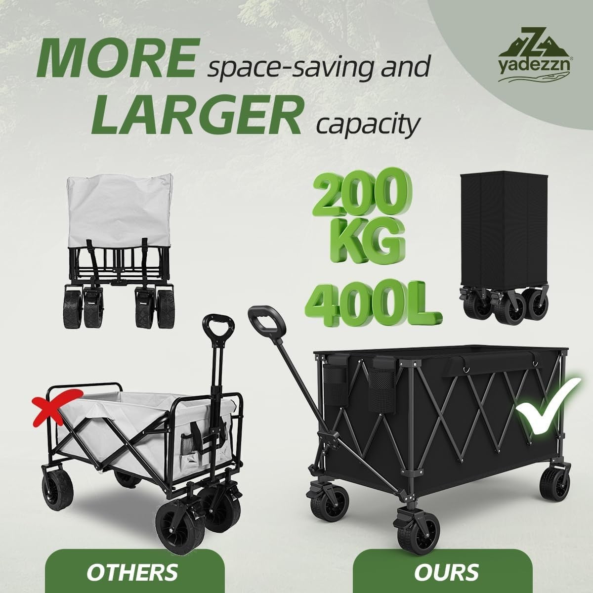 Black 400L Folding Camping Wagon Heavy Duty Festival Trolley 10cm Wide Wheel