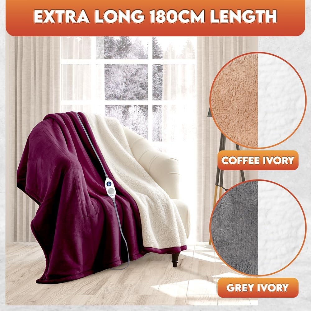 Electric Heated Throw Blanket Extra Long 180cm Sherpa Fleece 9 Heat