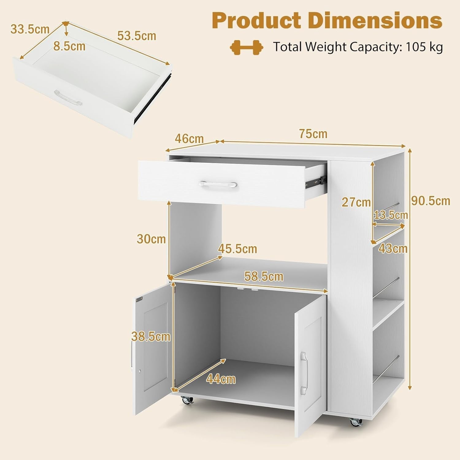 White Kitchen Island Trolley Cabinet with Spice Rack