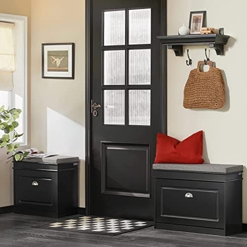 Black Shoe Storage Bench with Cushion & Flip Drawer – Slim Hallway Cabinet
