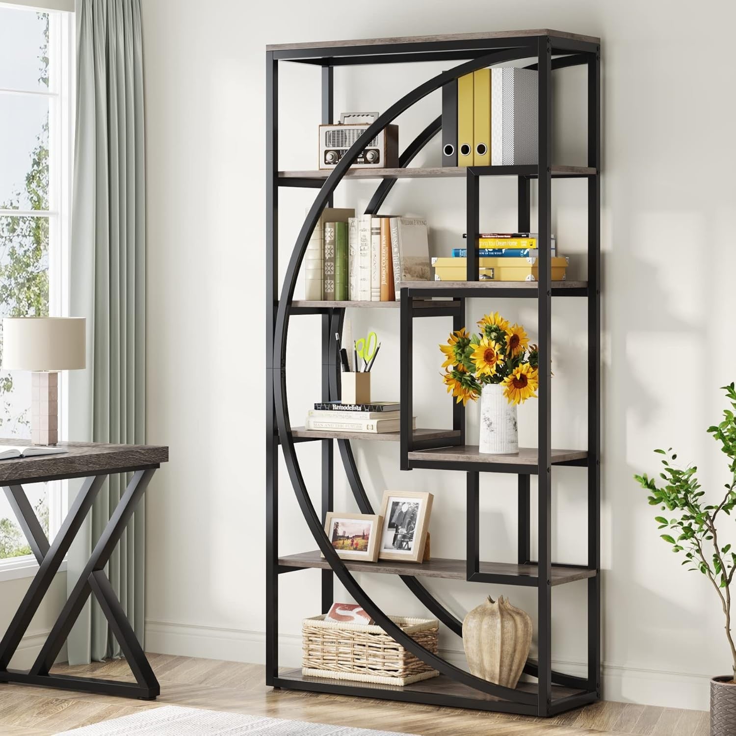 Industrial 5-Tier Geometric Bookshelf Tall Display Unit with 8 Open Shelves