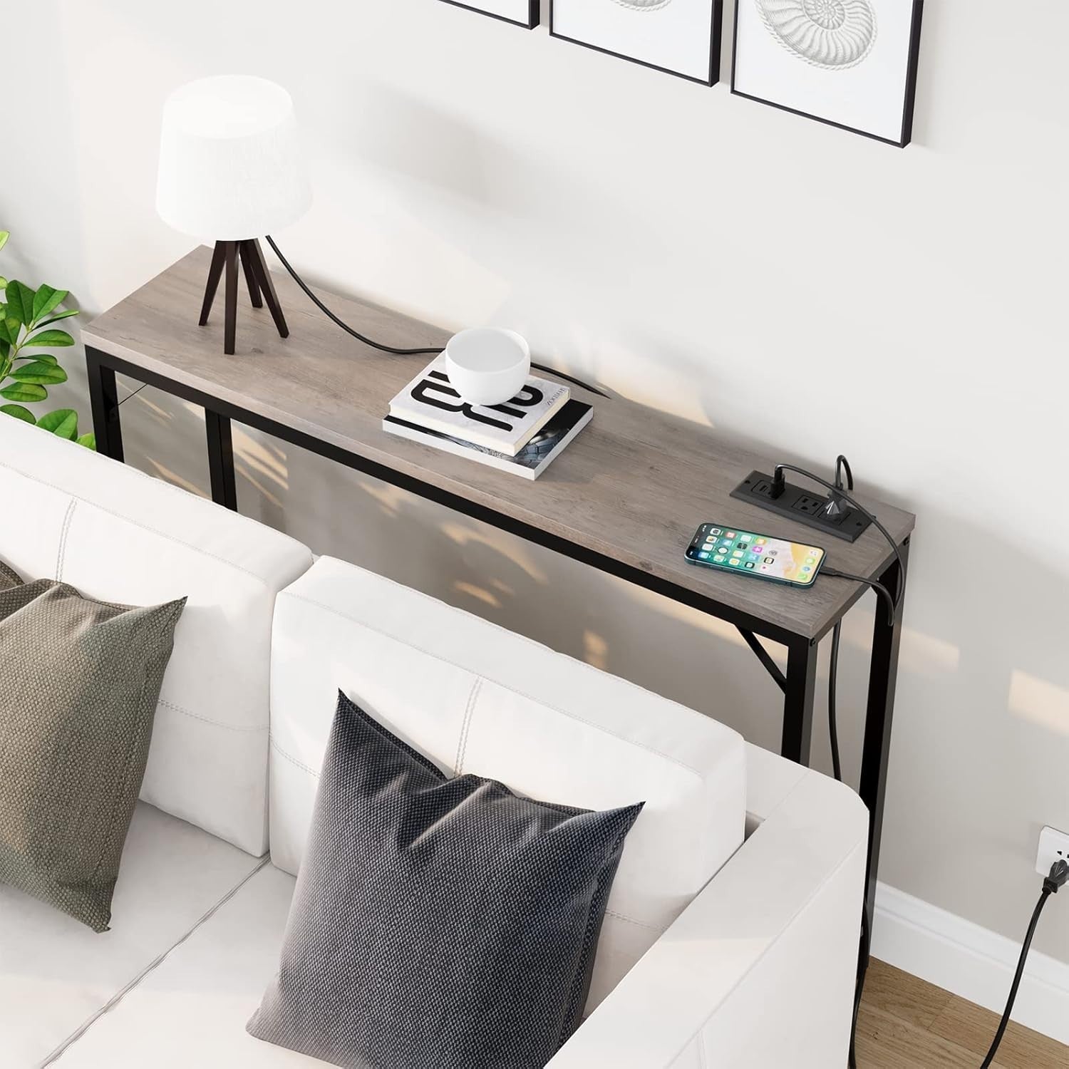 Narrow Console Table with USB-C Charging Station, Compact 100x23x80cm