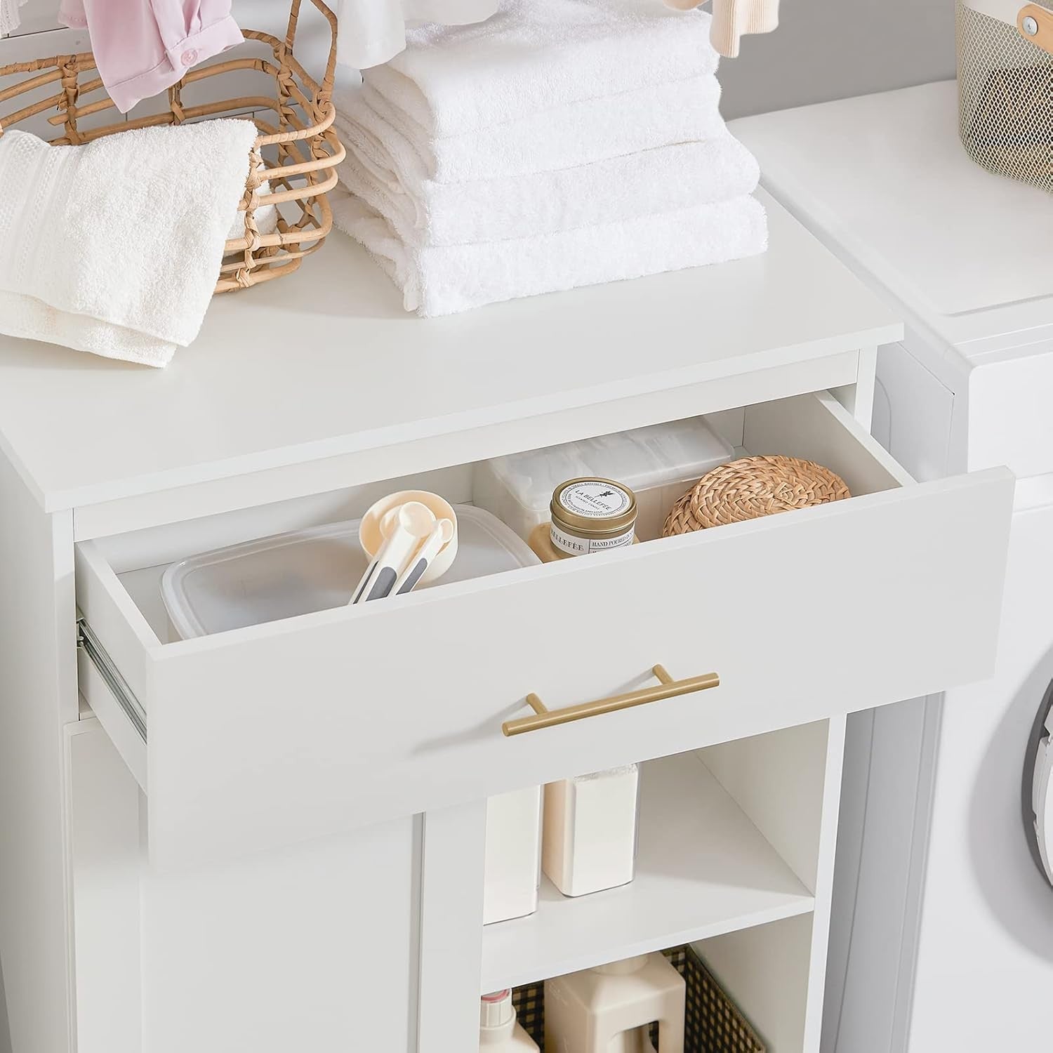 Bathroom Laundry Cabinet with Pull Out Basket Drawer Shelves White Storage