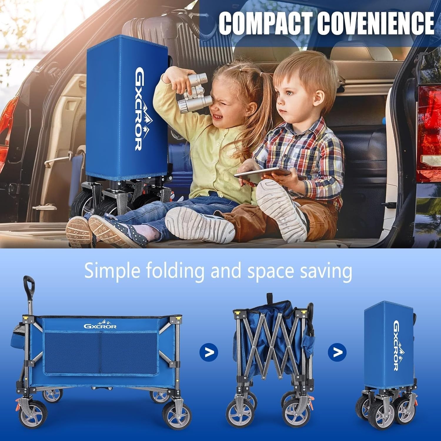 Blue 140L Heavy Duty Folding Wagon 130kg Trolley 14.5cm Wide Wheel Cart w/ Brake