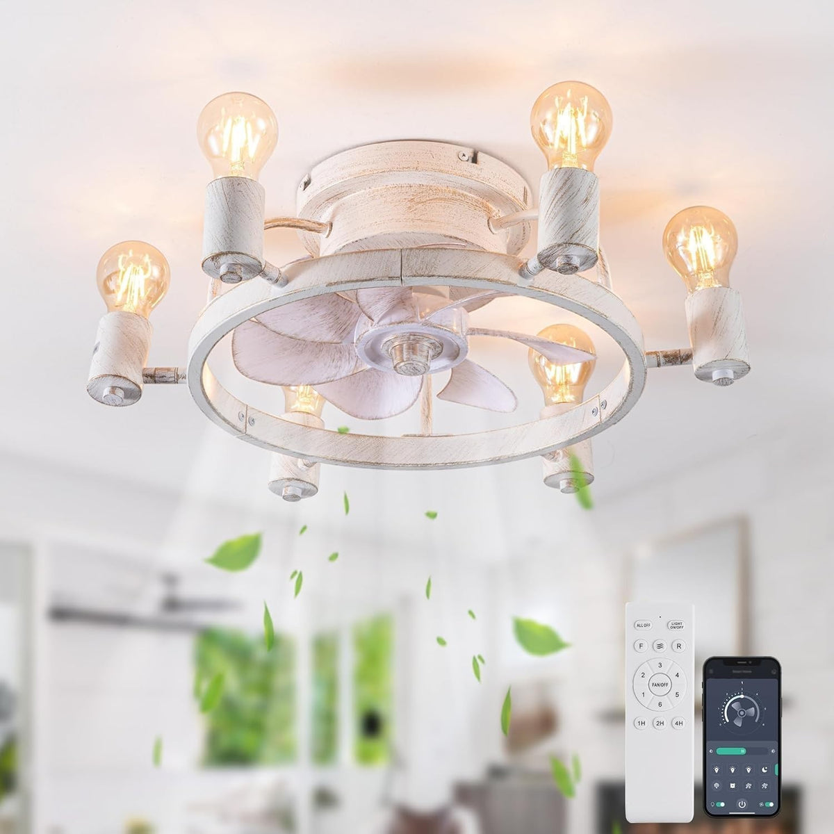 52CM Ceiling Fan Light, 6 Lights, Remote, Flush Mount Industrial Design, White