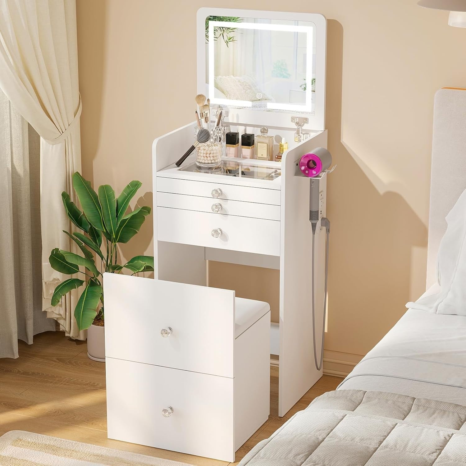 Vanity Makeup Desk Table Set 3-in-1 LED Mirror Computer Hidden Storage (77 chara