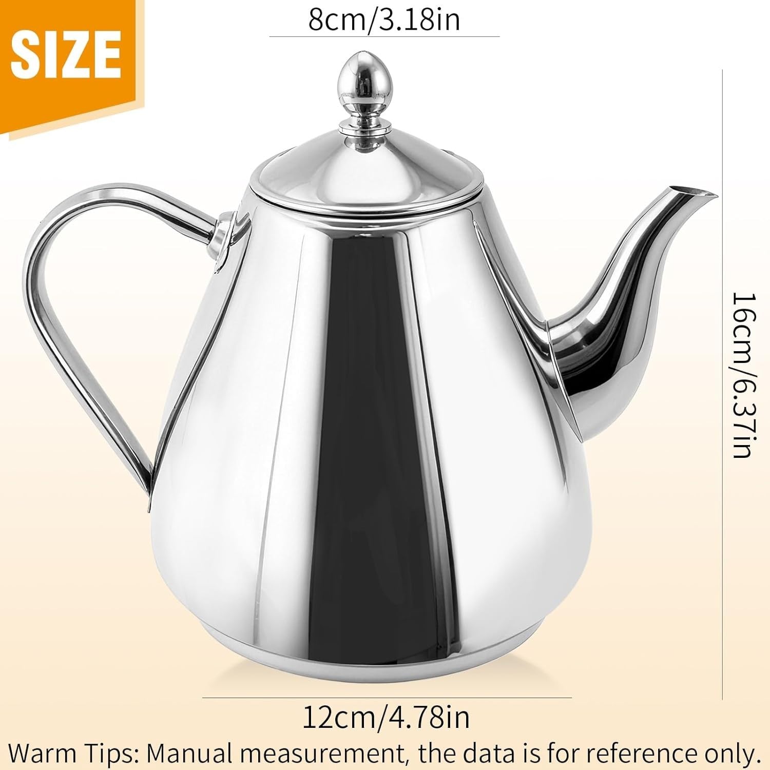 1.2L Stainless Steel Teapot Coffee Pot Silver Easy Pour 4-5 Cups