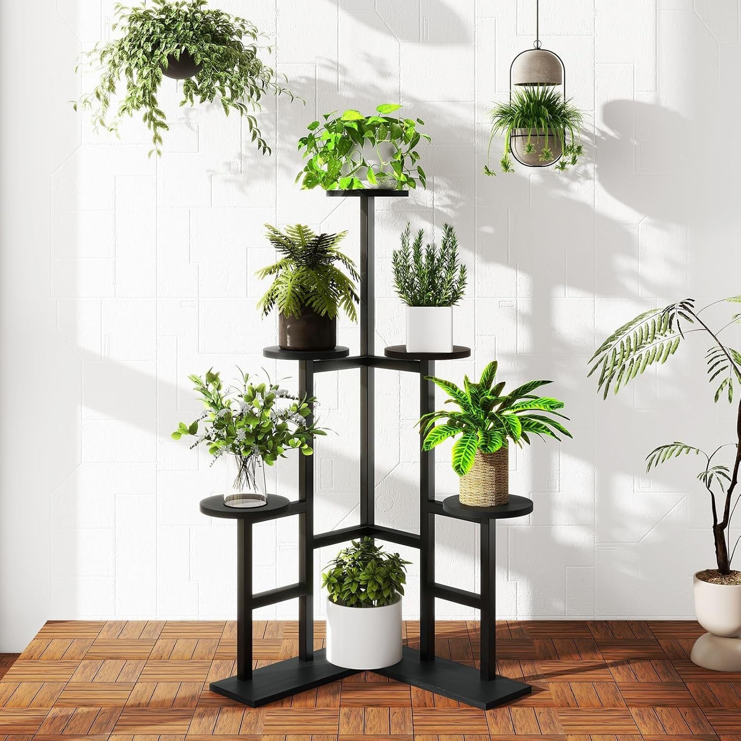 6 Tier Black Metal Wood Plant Stand | Tall Indoor Corner Flower Pot Display Shel