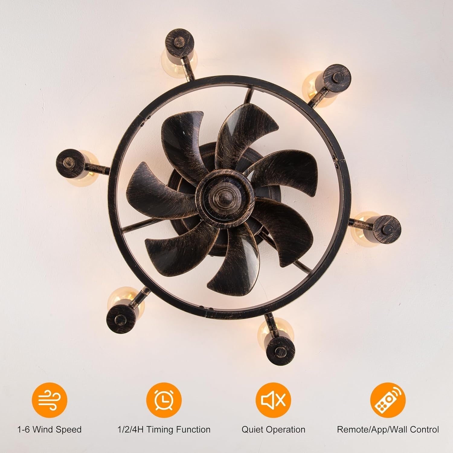 52cm Industrial Ceiling Fan Light, 6 Lights, Remote, Flush Mount, Black