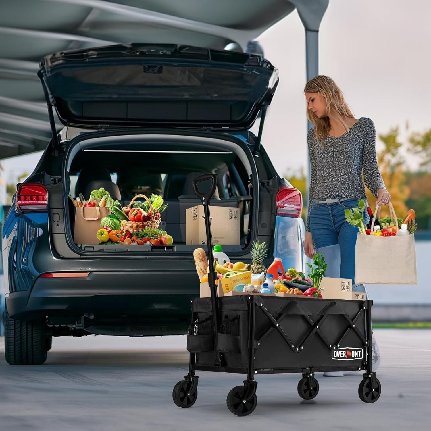 Black Collapsible Camping Wagon 100kg Removable Wheel Folding Festival Trolley