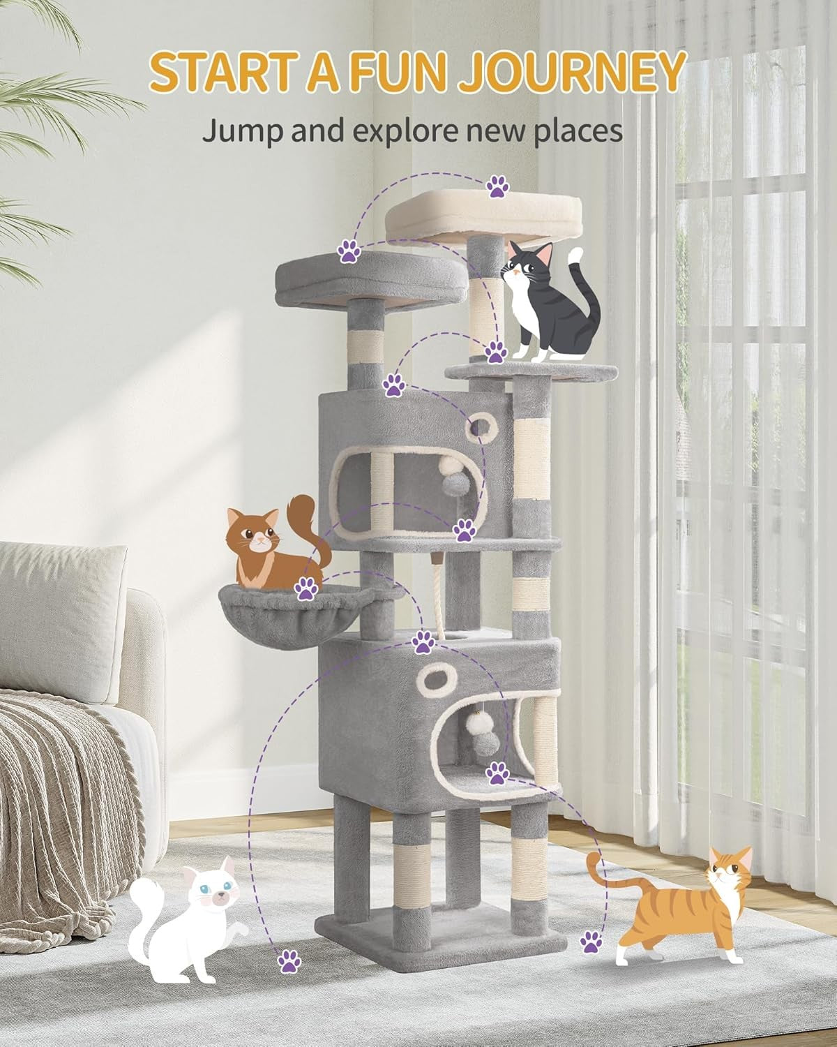 Cat Tree 159cm Tall Tower With Condo Scratching Posts Platforms Caves & Basket