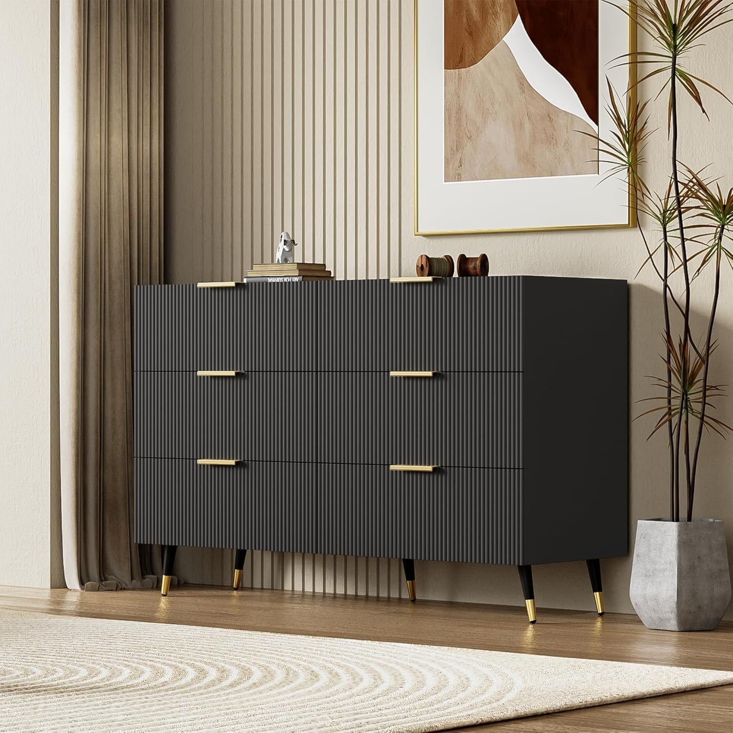 Black Sideboard Cabinet 6 Drawers Storage Unit Gold Handles 120cm