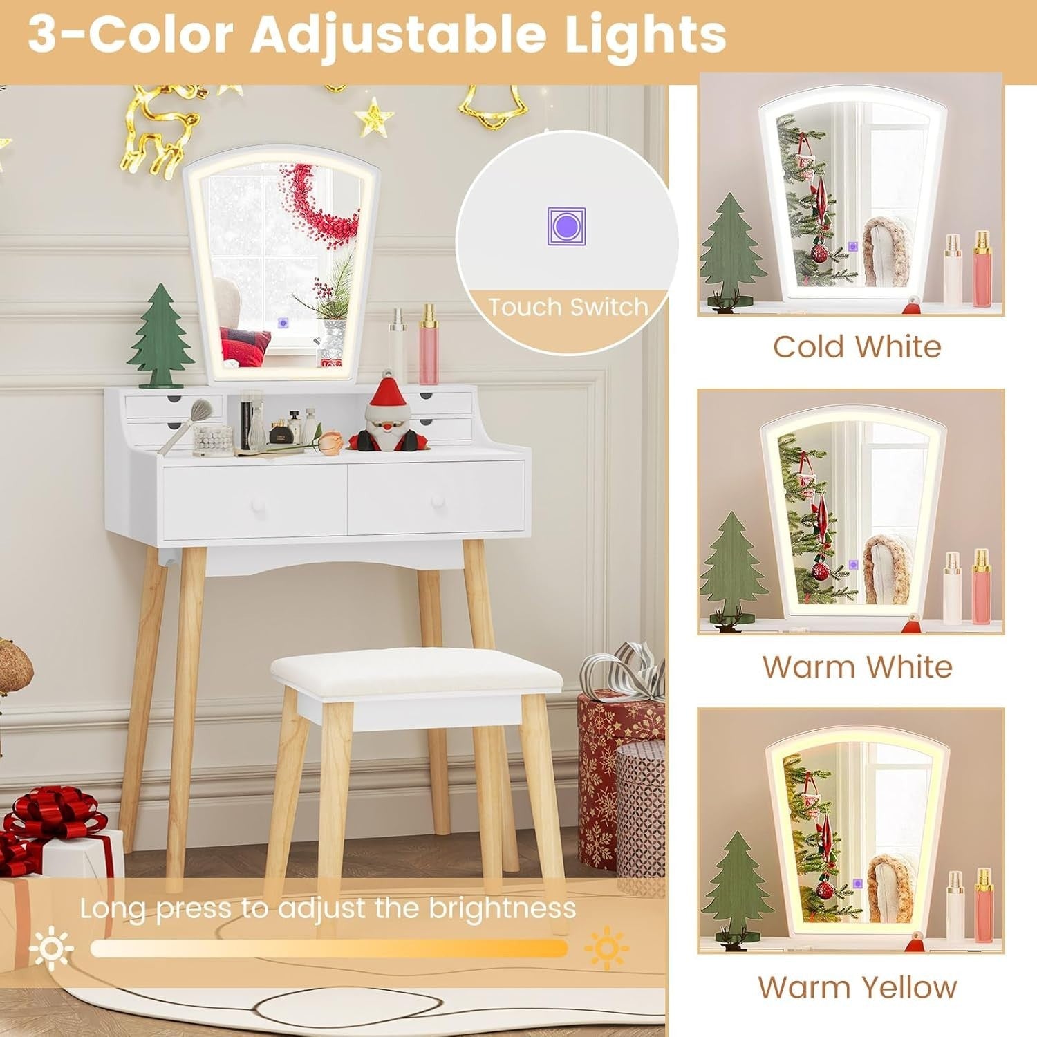 White Vanity Dressing Table Set w/ 3-Color LED Mirror, 6 Drawers & Stool