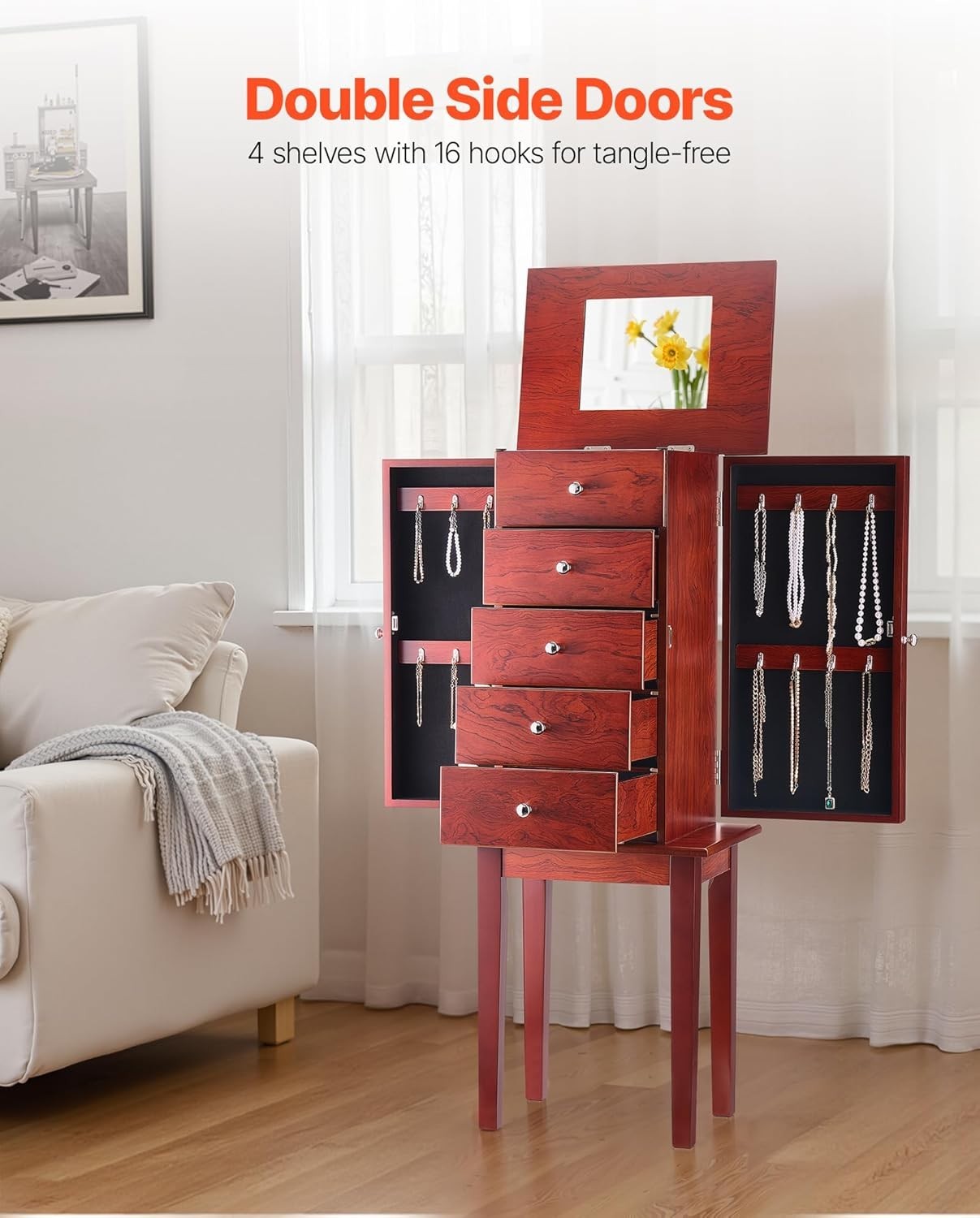 Standing Wooden Jewelry Armoire with Drawers Flip Top Mirror Necklace Doors