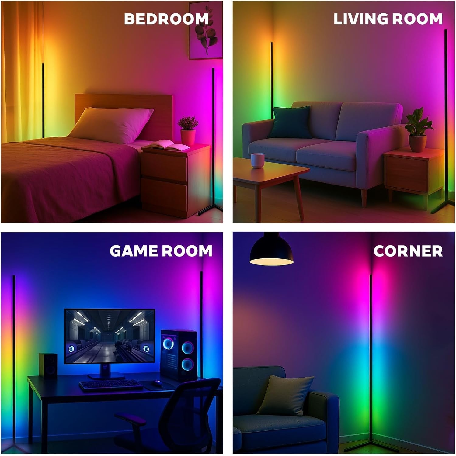2 Pack Smart RGB Corner Floor Lamp App Remote Music Sync LED Mood Light